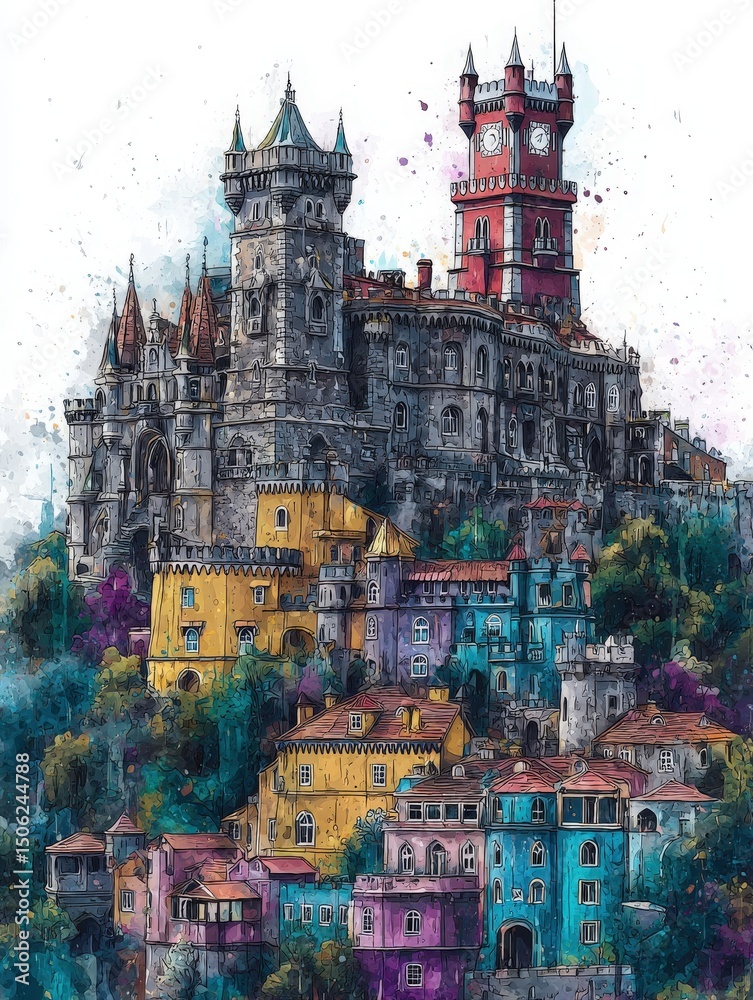 A majestic castle towers above a lively village, showcasing vibrant buildings in various colors.