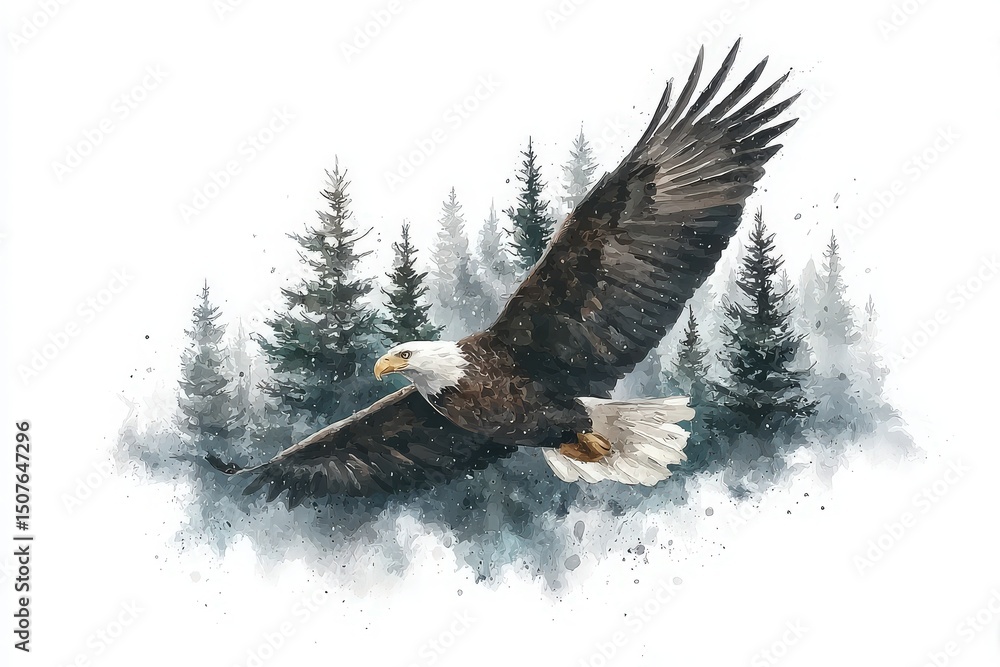 A majestic eagle flies gracefully over a dense forest, its wings spread wide against a soft backdrop of misty trees. The watercolor style captures the serene beauty of nature.