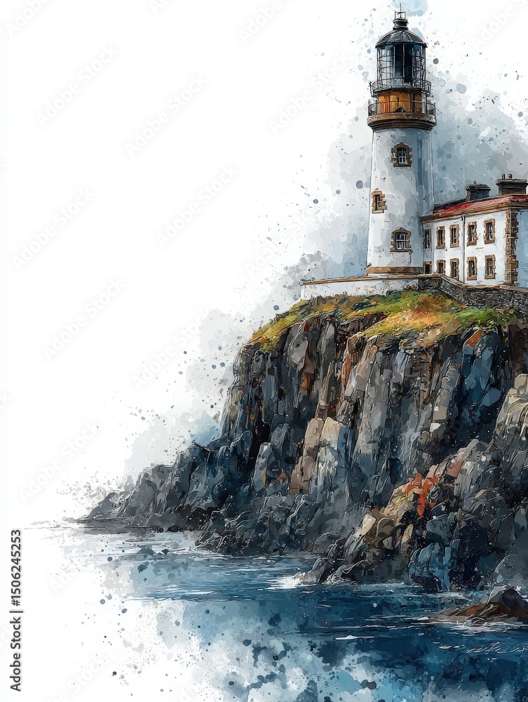 A majestic lighthouse stands on rugged cliffs, overlooking the ocean. Waves crash against the rocks as the sun sets, casting a warm glow on the scene and highlighting the lighthouses silhouette.