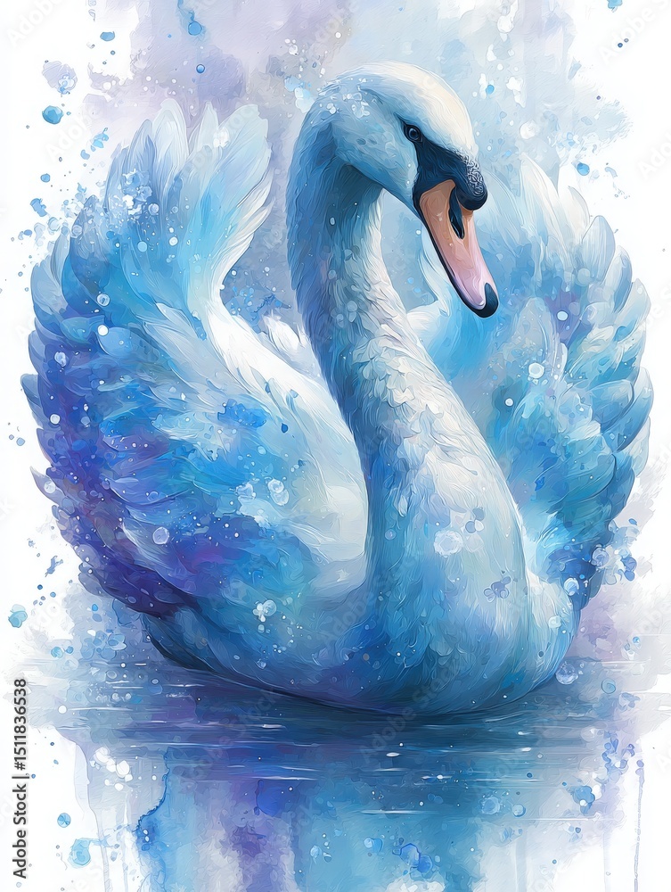 A majestic swan glides gracefully through water, displaying vibrant white feathers with blue splashes surrounding it.