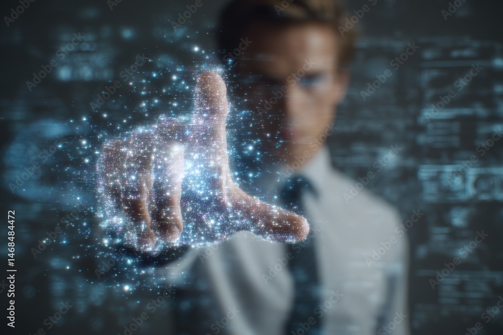 A man in a formal shirt reaches out into a space filled with glowing particles that resemble digital data. The background features abstract technology patterns, creating a modern atmosphere.