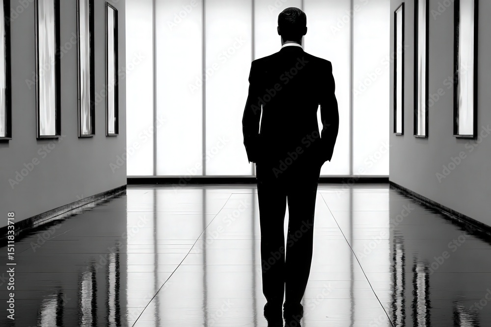 A man in a suit stands with his back to the viewer in a contemporary gallery. Bright light floods the space, highlighting the polished floor and empty frames on the walls.