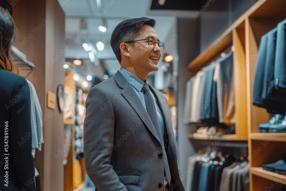 A man in a tailored suit smiles while browsing through clothing racks in a modern store. Soft lighting highlights the array of garments, creating an inviting atmosphere for shoppers.