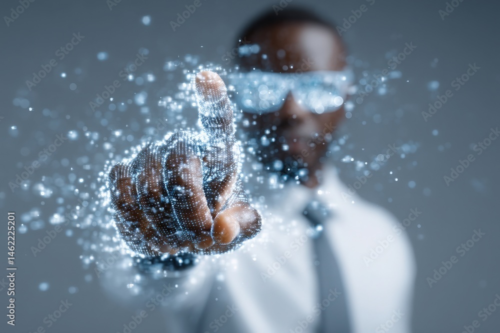 A man in a white shirt and tie reaches out with his hand, generating a sparkling, digital effect. This scene conveys an innovative connection in a modern environment.