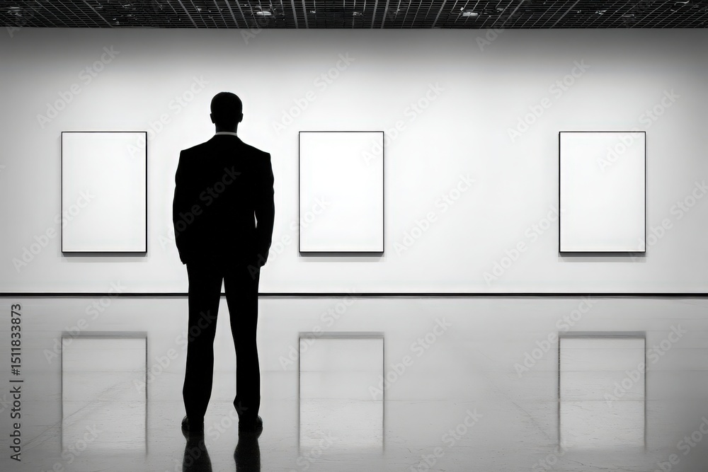 A man stands alone, sharply dressed in a suit, facing blank canvases in a contemporary art gallery. The setting is minimalistic, emphasizing space and reflection.