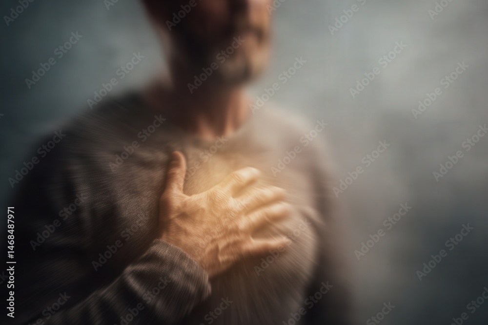 A man stands in a soft mist, placing his hand on his chest as he seems to engage in introspective thought. The muted tones and blurred background create a sense of calm and reflection.