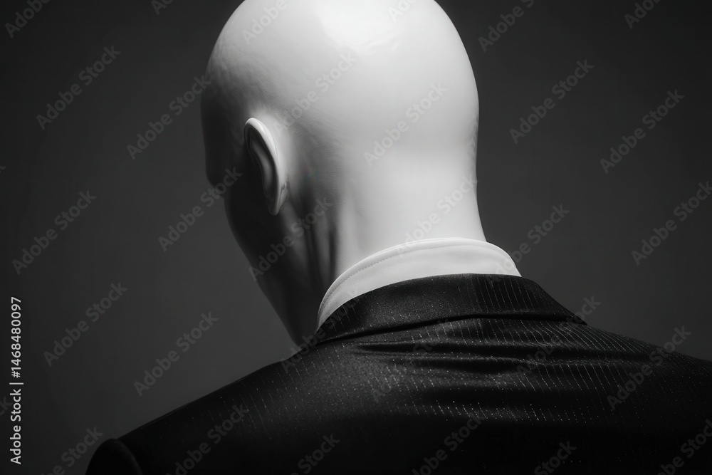 A mannequin stands in a formal black suit, showcasing a sleek back view. The setting is dimly lit, highlighting the mannequins smooth surface and reflecting a modern aesthetic.