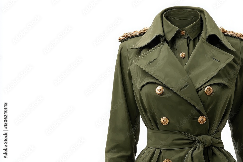 A military-inspired trench coat in olive green features gold buttons and decorative epaulets. The coat is designed with a fitted silhouette and a belted waist, exuding elegance and style.