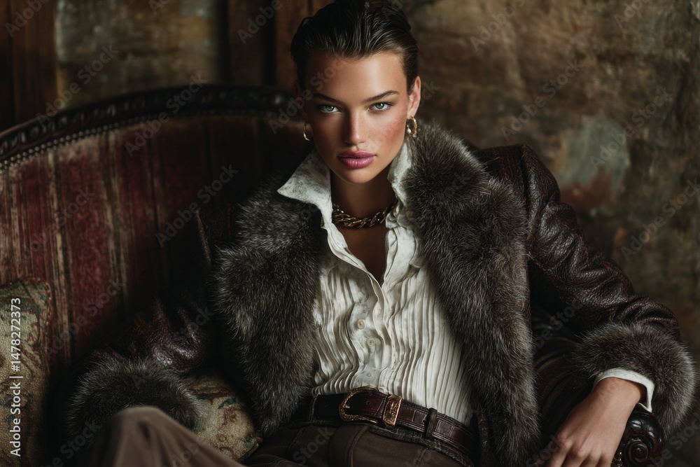 A model poses gracefully on an ornate chair, showcasing a luxurious outfit with fur details. The rustic background highlights the sophisticated atmosphere blended with vintage charm.