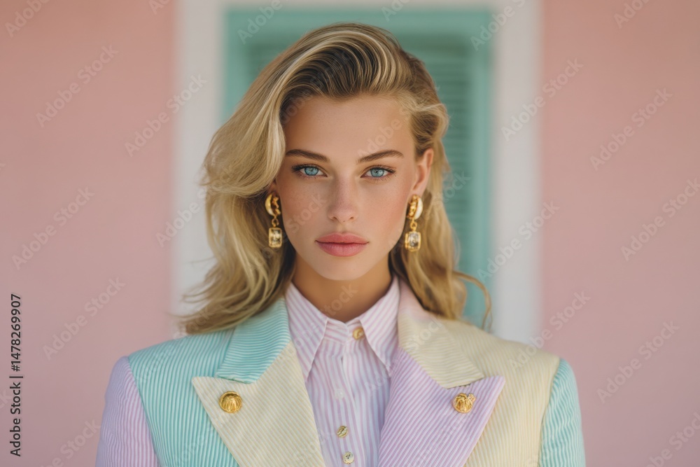 A model stands confidently, showcasing stylish attire featuring soft colors, statement earrings, and flawless makeup. The vibrant pastel background enhances the fashionable vibe of the moment.