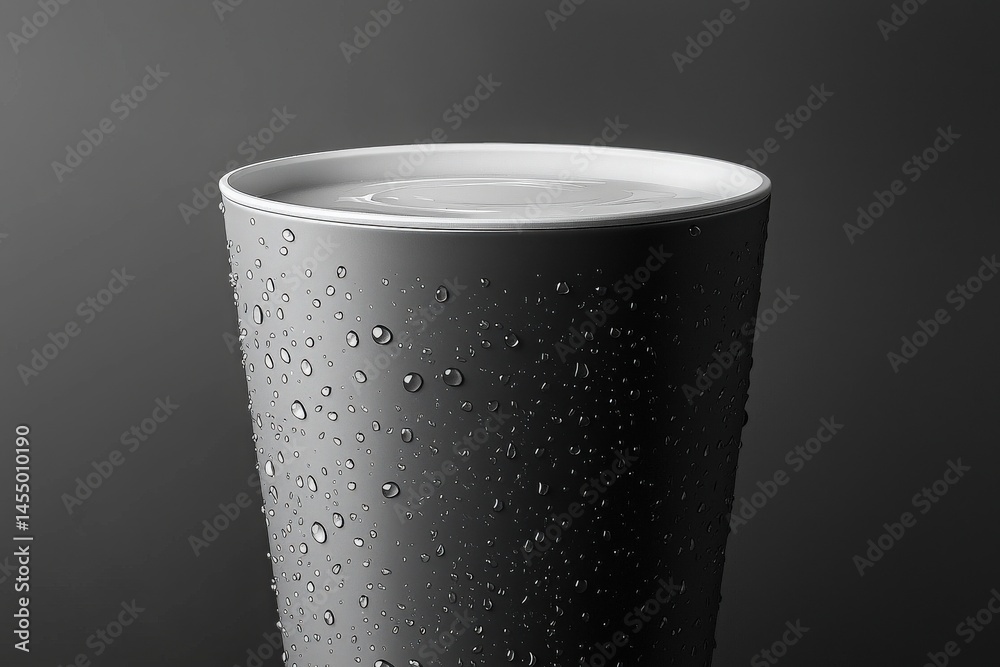 A modern black cup is filled with a beverage, showcasing condensation droplets on its surface. The background is dark, creating a striking visual effect that highlights the cups design.