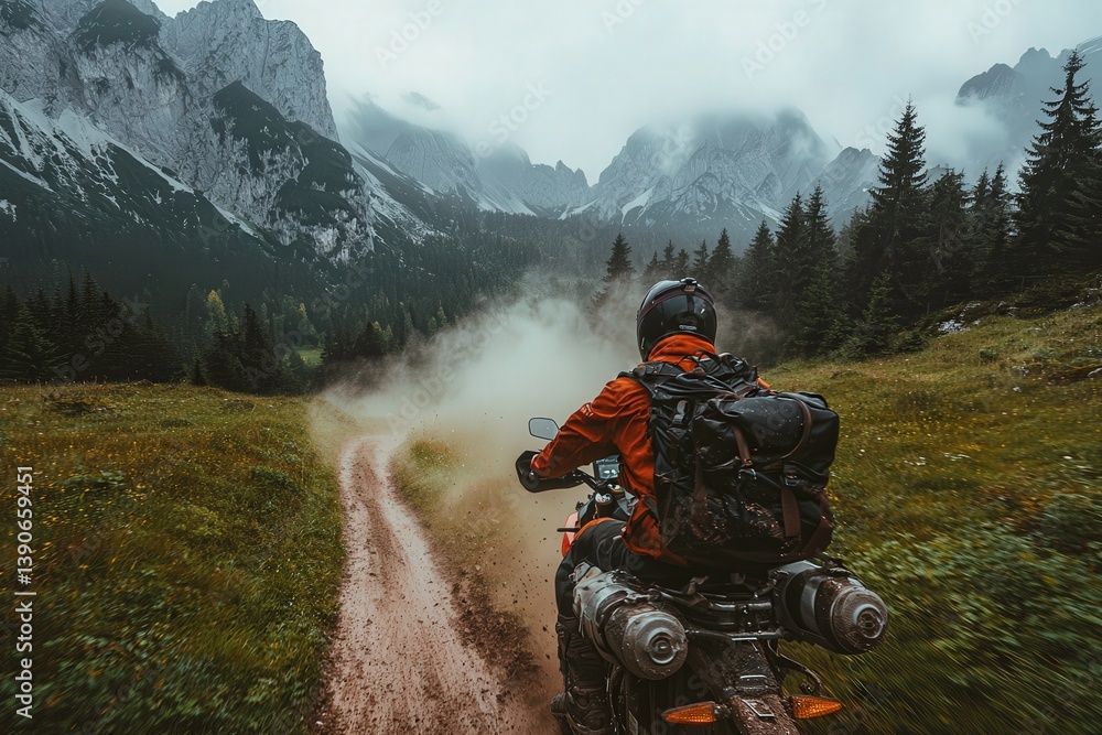 A motorcyclist navigates a rugged dirt path through lush greenery and mountainous terrain. Mist blankets the mountains, creating a serene yet adventurous atmosphere early in the day.