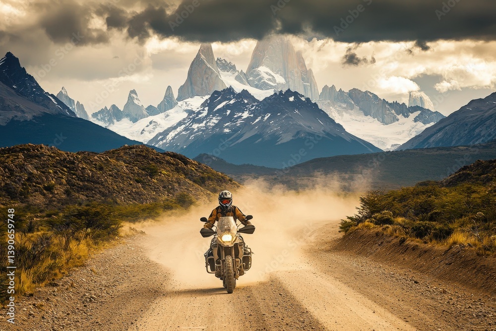 A motorcyclist rides through a dusty path in Patagonia, with majestic mountains and glaciers in the background. The atmosphere is charged, showcasing natures grandeur and the thrill of exploration.