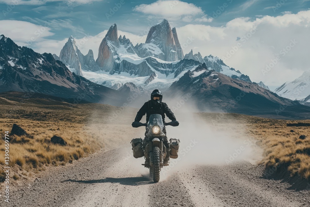 A motorcyclist rides through a dusty road surrounded by stunning mountain peaks and open terrain. The clear sky adds to the sense of adventure in this remote location.