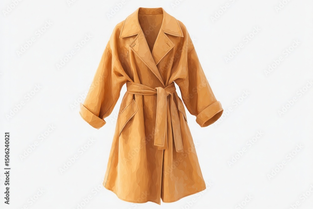 A mustard yellow trench coat with a classic design features a belt and wide sleeves, ideal for transitional weather. This versatile outerwear piece complements various outfits seamlessly.