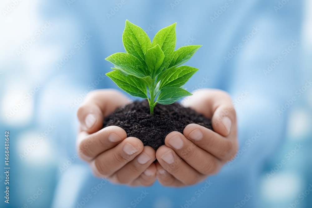 A pair of hands gently cradles a small green plant atop rich soil. The background features a soft blue hue. This moment emphasizes care for nature and the importance of nurturing life.