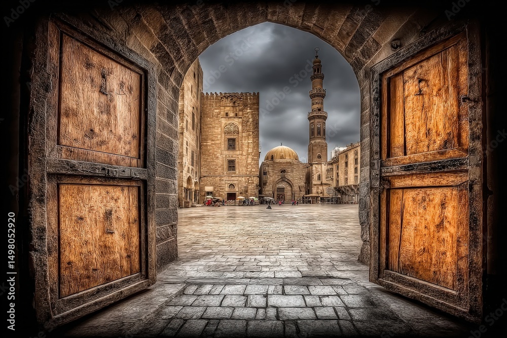 A pair of large, weathered wooden doors stands open, revealing a wide, cobblestone square. In the background, a majestic mosque and tower rise against a moody sky, creating a dramatic ambiance.