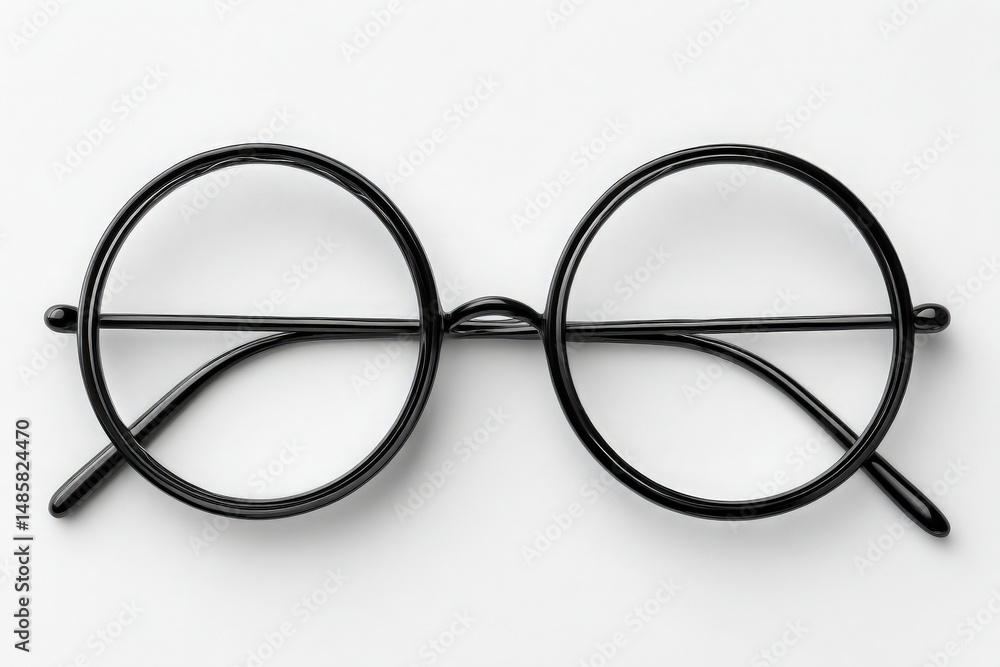 A pair of round black eyeglasses rests flat on a white background. The simple design features a thin wire frame and clear lenses. Ideal for those needing vision correction or as a fashion statement.