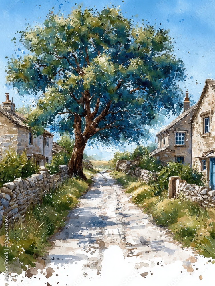 A peaceful pathway leads through a rural village with charming stone cottages on either side. A vibrant tree stands tall, under a clear blue sky, creating a picturesque scene.