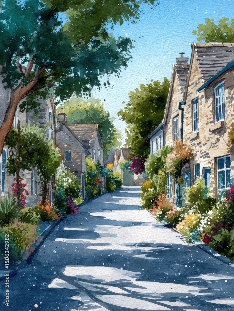 A peaceful village street features charming stone cottages adorned with vibrant flowers.