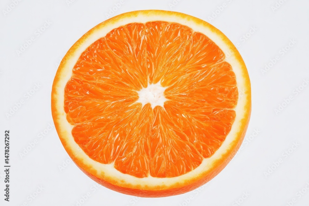 A perfectly sliced orange displays its bright color and intricate texture. The image focuses on the juicy interior, highlighting the freshness of the fruit against a neutral background.