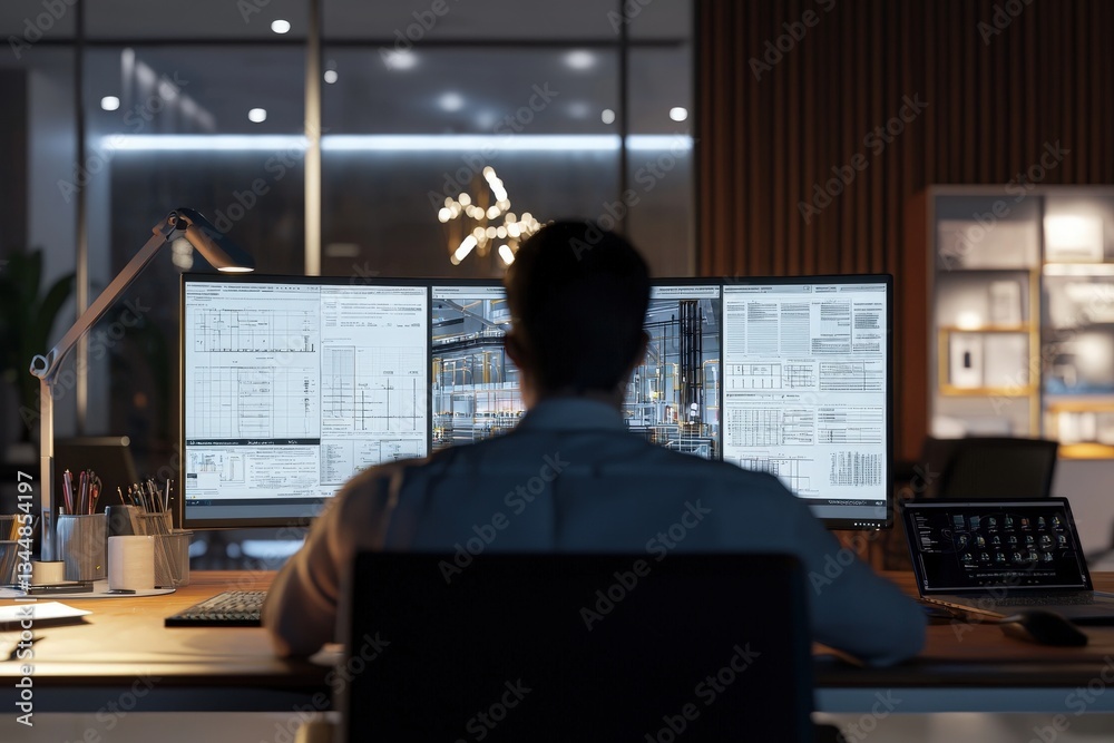 A person focuses on multiple computer screens displaying data and graphs in a sleek office space during nighttime. The ambiance features contemporary furnishings and soft lighting.