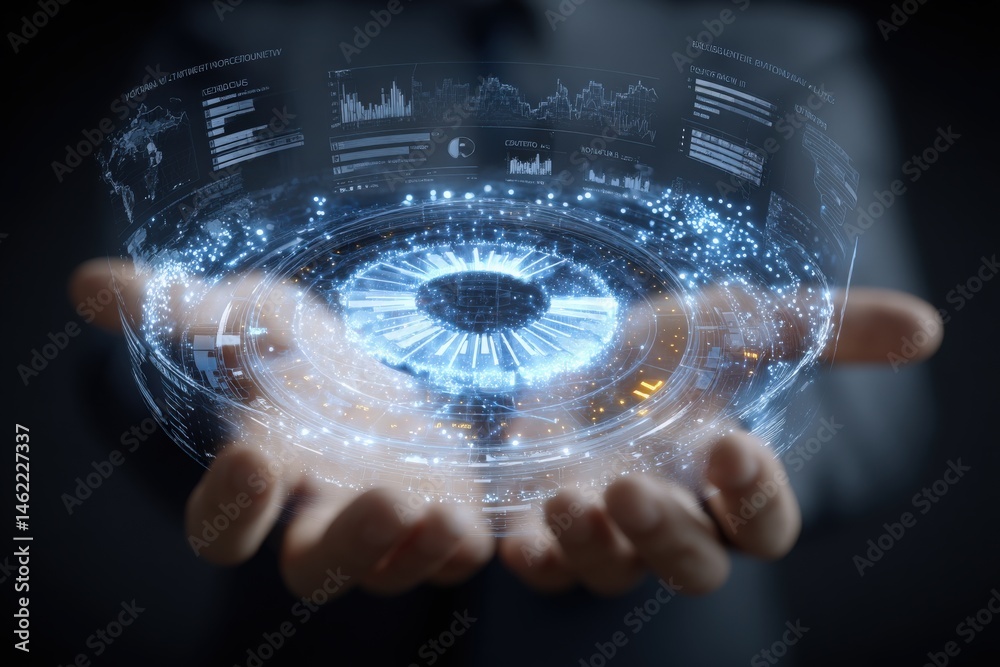 A person holds a holographic projection with intricate data visualizations. The glowing graphics showcase statistics and information in a futuristic design, creating an engaging appearance.