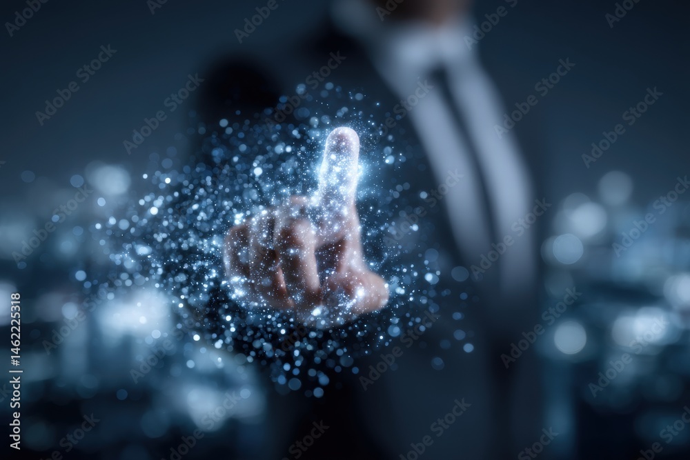 A person in formal attire reaches out with their illuminated fingertip, creating a sparkling light effect. The backdrop features a blurred cityscape, suggesting a context of technology and innovation.