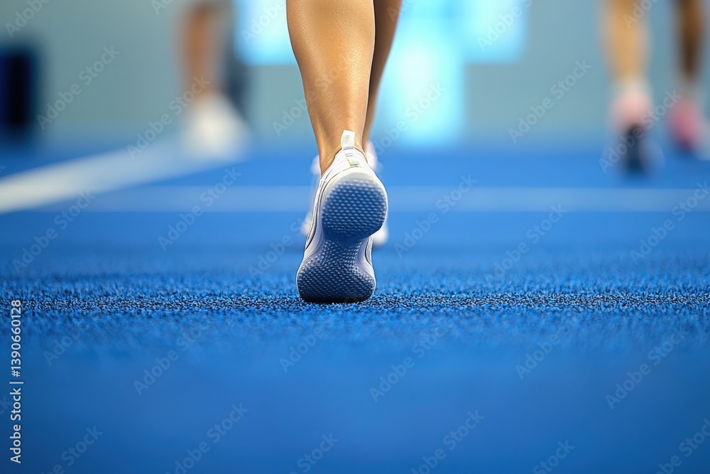 A person walks barefoot on a bright blue athletic track surface, with others visible in the background. This scene captures an active moment during a fitness training session.