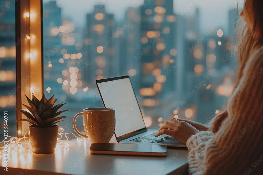 A person works on a laptop at a cozy desk next to a window, surrounded by city lights in the evening. A warm cup of coffee and a plant add to the inviting atmosphere.
