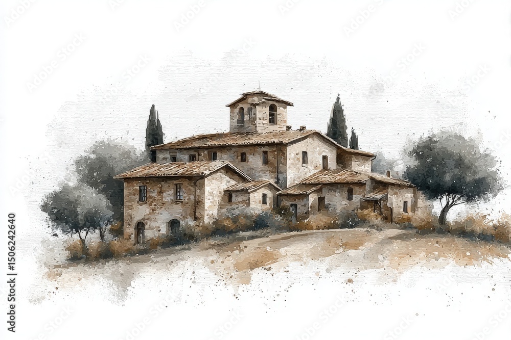 A picturesque farmhouse stands proudly on a hillside, showcasing rustic architecture with stone walls and tiled roofs. Surrounded by olive trees and gentle slopes, it exudes tranquility.