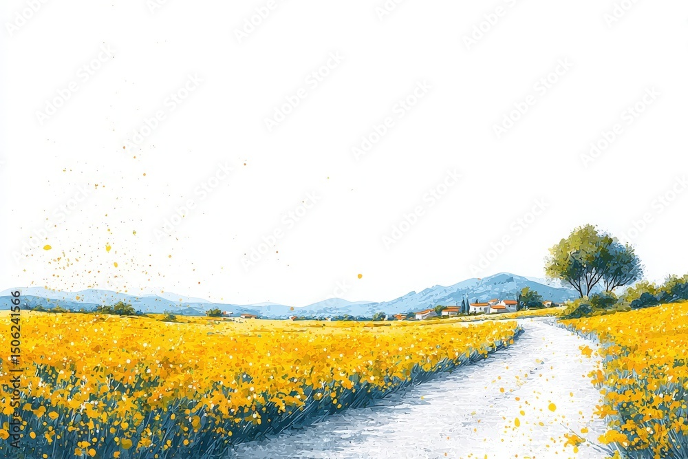 A picturesque landscape features a bright yellow flower field stretching across the scene, complemented by a winding path.