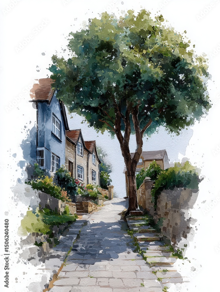 A picturesque pathway winds between quaint houses and lush trees. Bright flowers bloom along the stone walls, creating a serene and inviting atmosphere.
