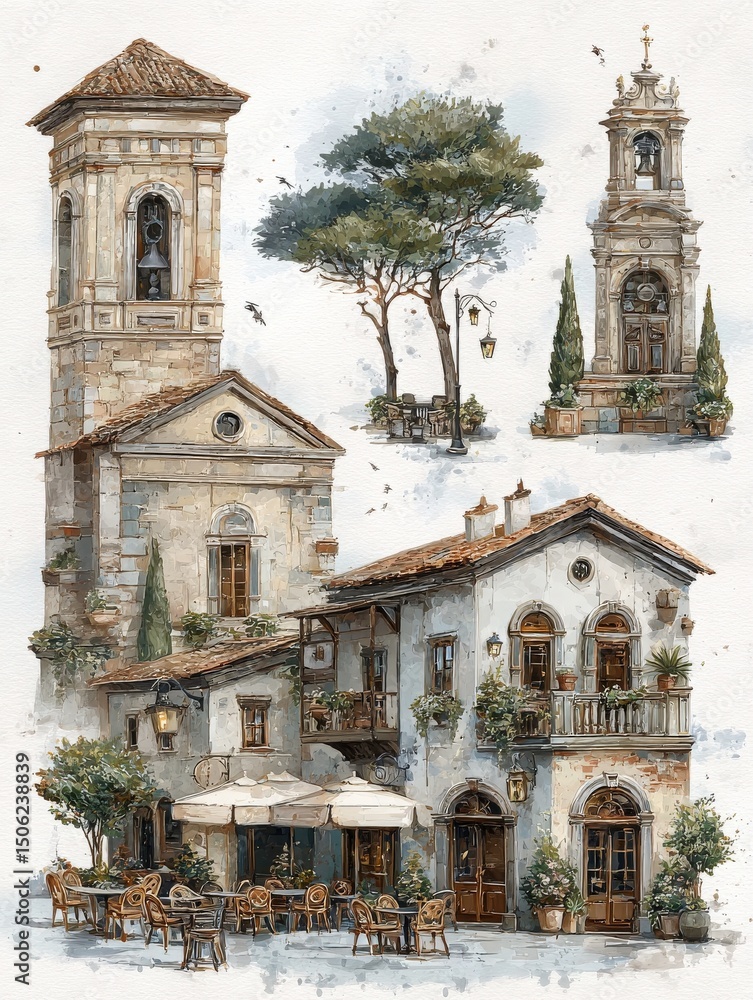 A picturesque street cafe features rustic architecture, outdoor seating, and elegant greenery. The charming buildings reflect historical design, creating a serene atmosphere perfect for relaxation.