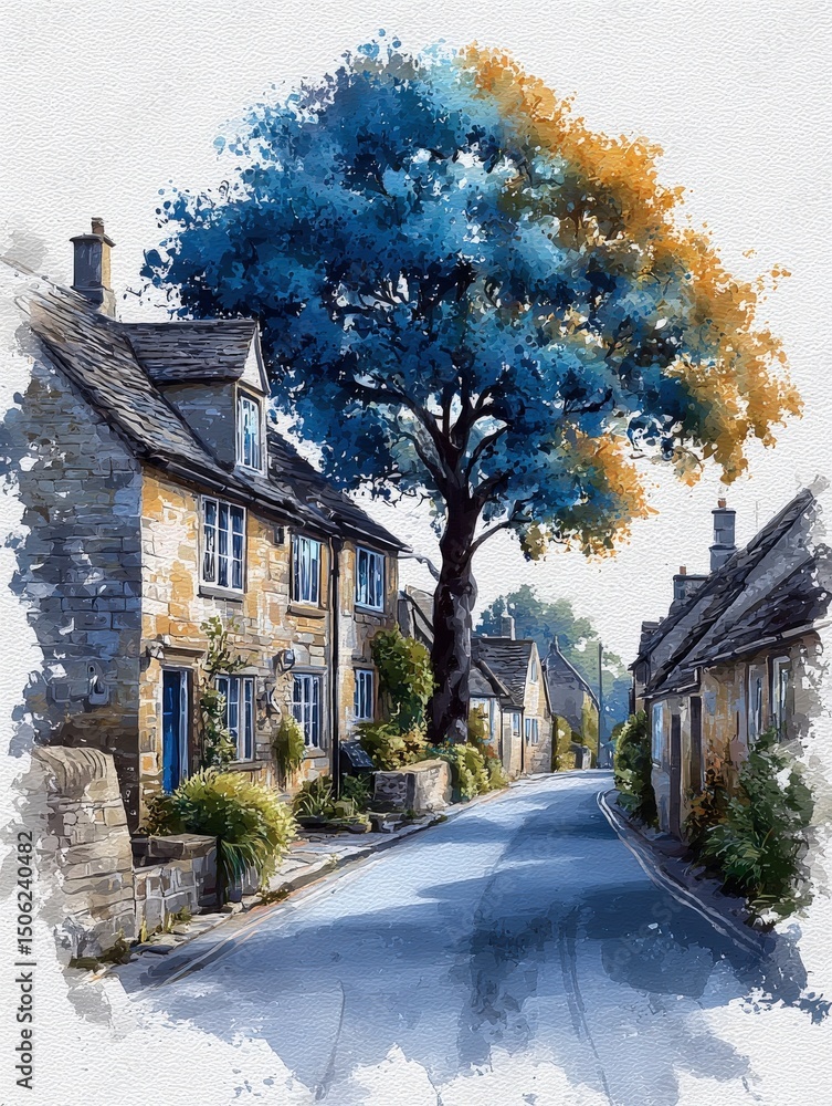 A picturesque village street features quaint stone cottages flanked by a massive, colorful tree. The serene atmosphere captures the essence of autumn with rich hues.