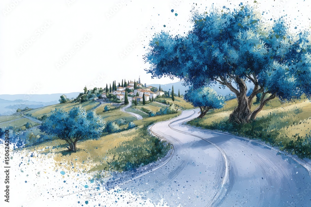 A picturesque winding road leads through vibrant blue trees, guiding the eye toward a charming village perched on a hillside. This serene scene captures the essence of a tranquil evening.