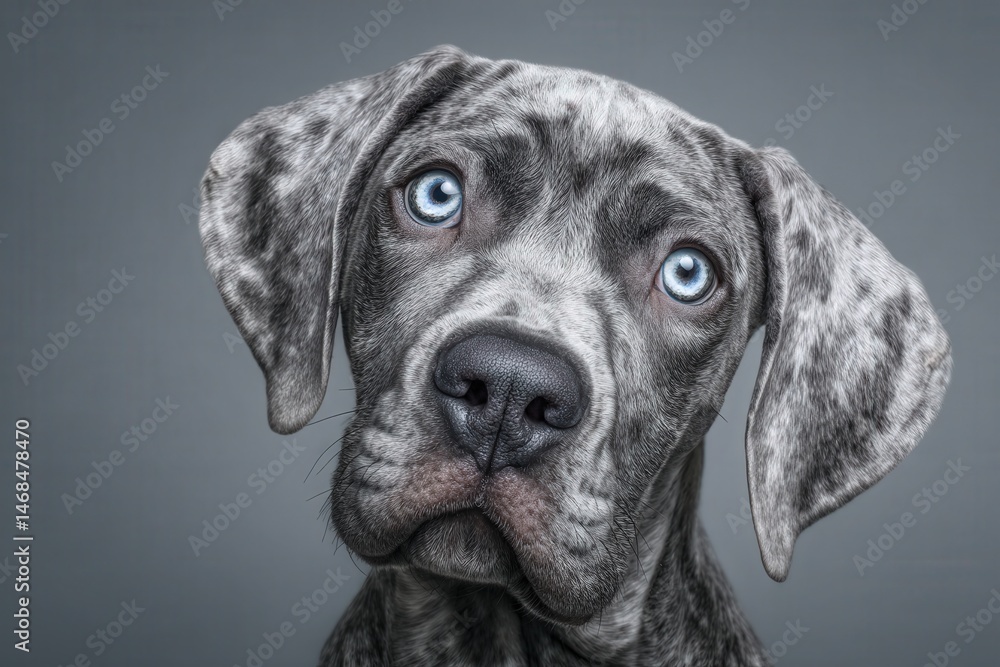 A playful dog with a speckled coat and captivating blue eyes gazes intently at the viewer. The expressive face highlights its curiosity and personality, set against a simple background.