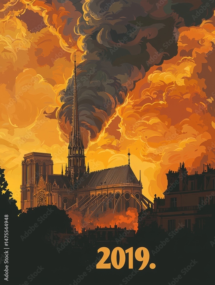 A powerful depiction of Notre-Dame Cathedral engulfed in flames, with thick smoke billowing into a vibrant orange sky. The scene captures the intensity of the 2019 fire in Paris.