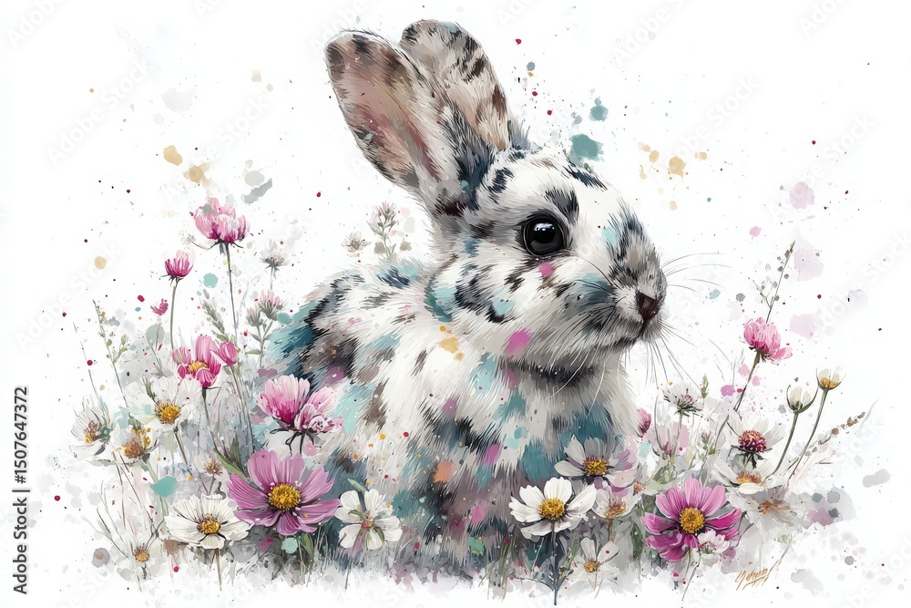 A rabbit with distinctive spots sits gracefully in a field of colorful flowers. Vibrant hues and soft textures create a whimsical and enchanting atmosphere, showcasing natures beauty.