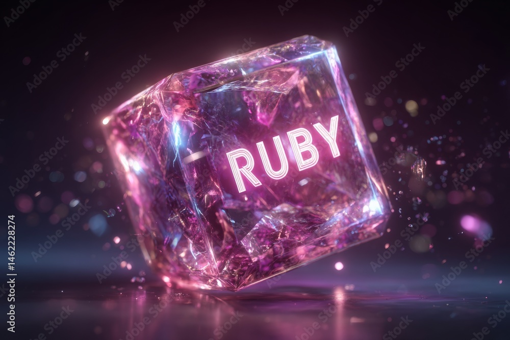 A radiant ruby crystal floats in mid-air, illuminated by soft ambient lighting. The vivid hues create a magical atmosphere, highlighting the intricate facets of the gem.