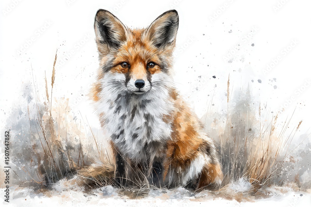 A red fox is sitting gracefully in a natural setting. Its fur showcases shades of orange and white, blending with the soft earth tones around.