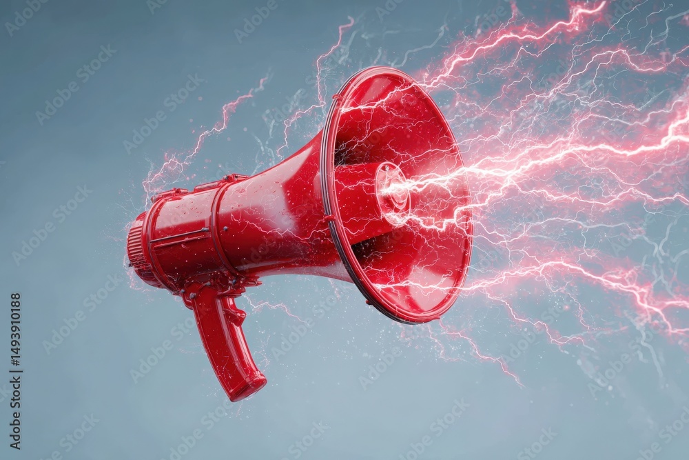 A red megaphone is shown in a striking design, producing vibrant electric energy effects. The background emphasizes the megaphones powerful presence and dynamic impact.