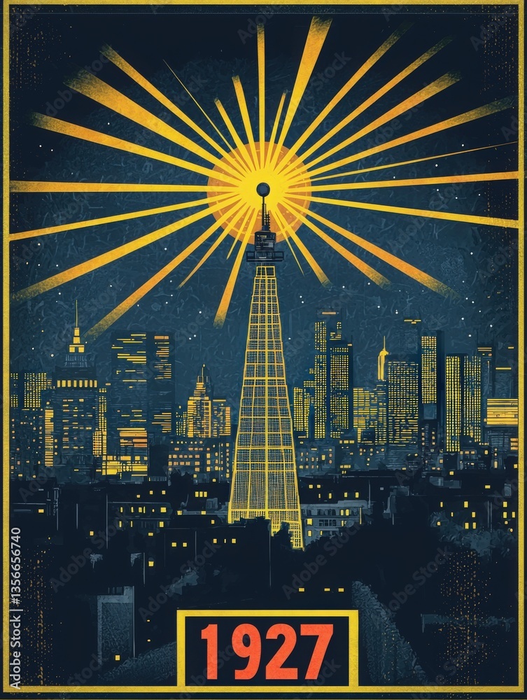 A retro illustration showcases a vibrant New York City skyline at night in 1927.