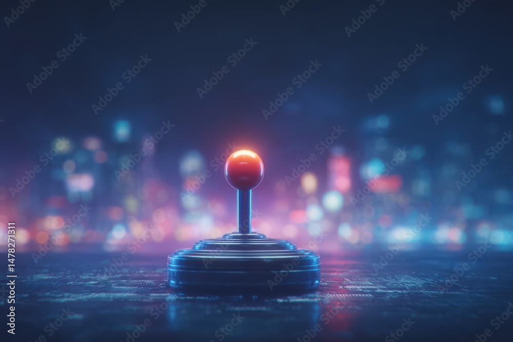 A retro joystick sits prominently on a surface, lit by a soft glow. The blurred city skyline in the background is filled with colorful lights, creating a nostalgic yet modern atmosphere.