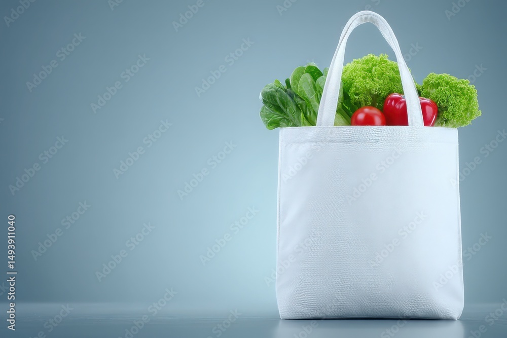 A reusable tote bag displays fresh green lettuce, vibrant tomatoes, and other vegetables, highlighting an eco-friendly choice. The clean surface and soft lighting enhance the organic feel.