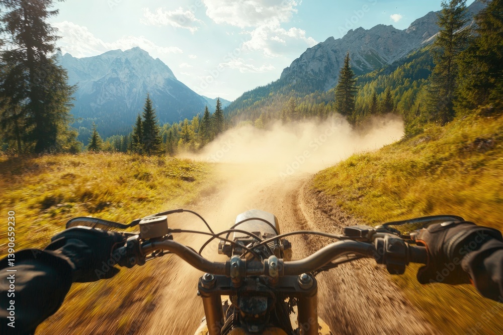 A rider navigates a winding dirt path on a motorcycle, surrounded by tall trees and majestic mountains. Dust rises behind the bike as it speeds through the vibrant natural landscape.