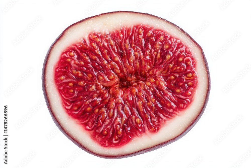 A ripe fig is cut in half, showcasing its rich red flesh, small seeds, and intricate texture. The smooth outer skin contrasts beautifully with the juicy inside, highlighting its freshness.