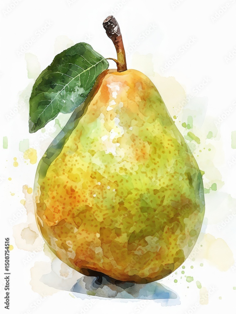 A ripe pear stands prominently, showcasing its bright green and yellow hues. The smooth surface is highlighted with subtle watercolors, and a single green leaf adds freshness to this artistic piece.