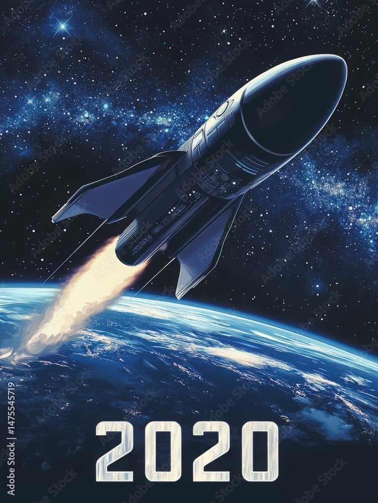 A rocket ascends into the starry sky above Earth, leaving a trail of flames. The scene captures the excitement of space exploration in the year 2020, amid a galaxy filled with stars.
