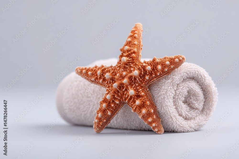 A rolled white towel sits on a smooth surface, with a vibrant orange starfish placed delicately on top. The peaceful arrangement evokes a relaxing coastal ambiance.